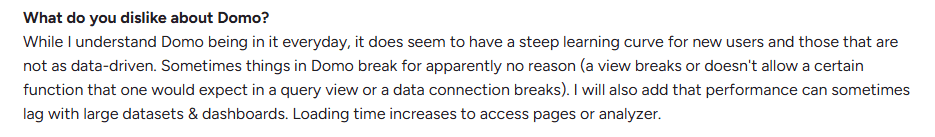 Domo user review mentioning steep learning curve, performance lag, and occasional system issues