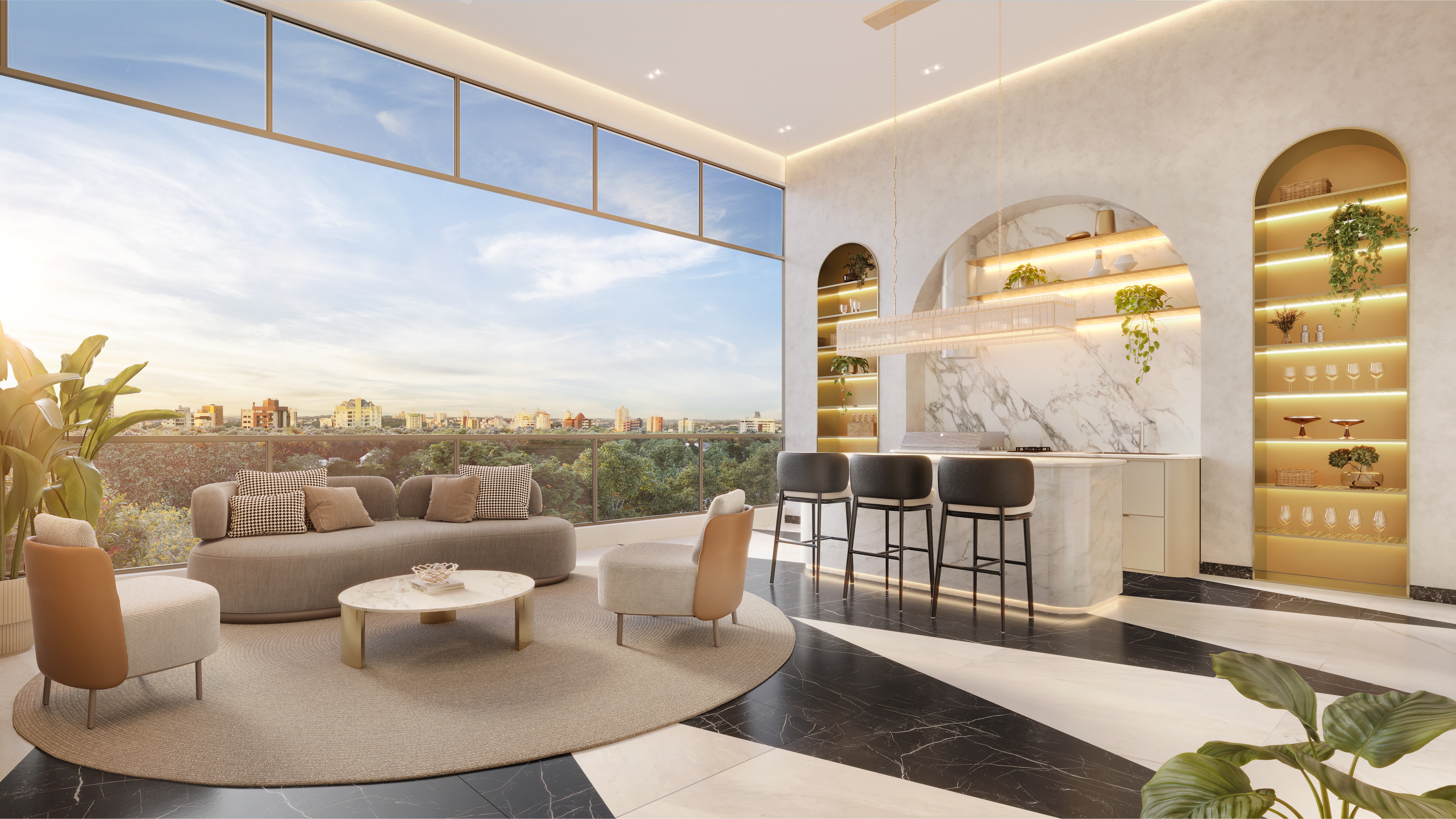 Curved modern skyscraper against a clear blue sky.