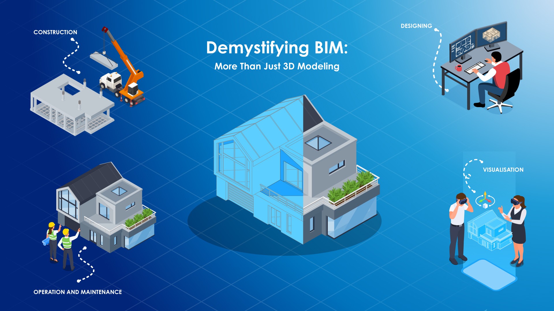 A man stands while two people sit at a table in an office setting, smiling and engaged in conversation. The mood is friendly and collaborative.