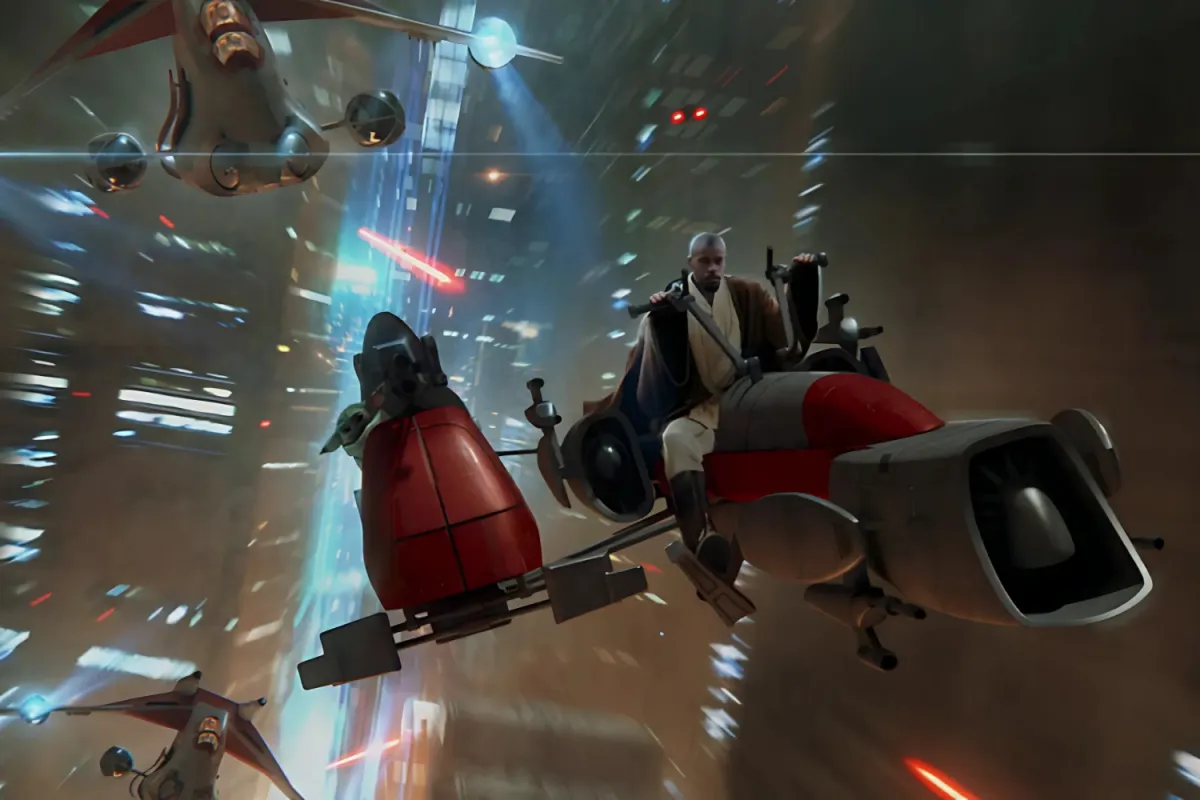 Jedi Master Kelleran Beq speeds through the neon-lit skies of Coruscant on a speeder bike, expertly navigating the chaos of Order 66. Behind him, Grogu clings tightly to another speeder, escaping as blaster fire and Republic gunships illuminate the cityscape.