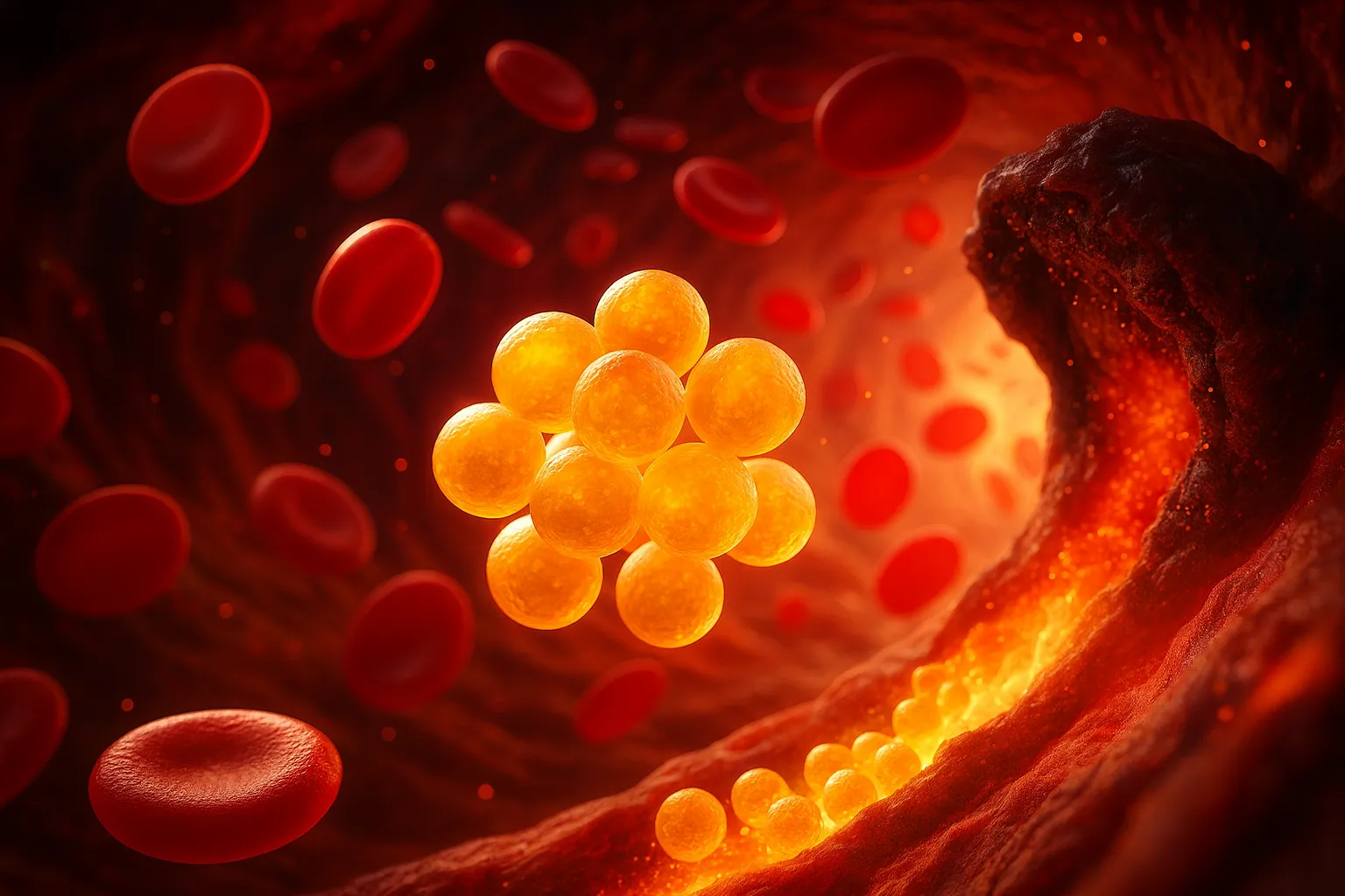 3D HDL-C particles glowing inside a blood vessel among red blood cells.