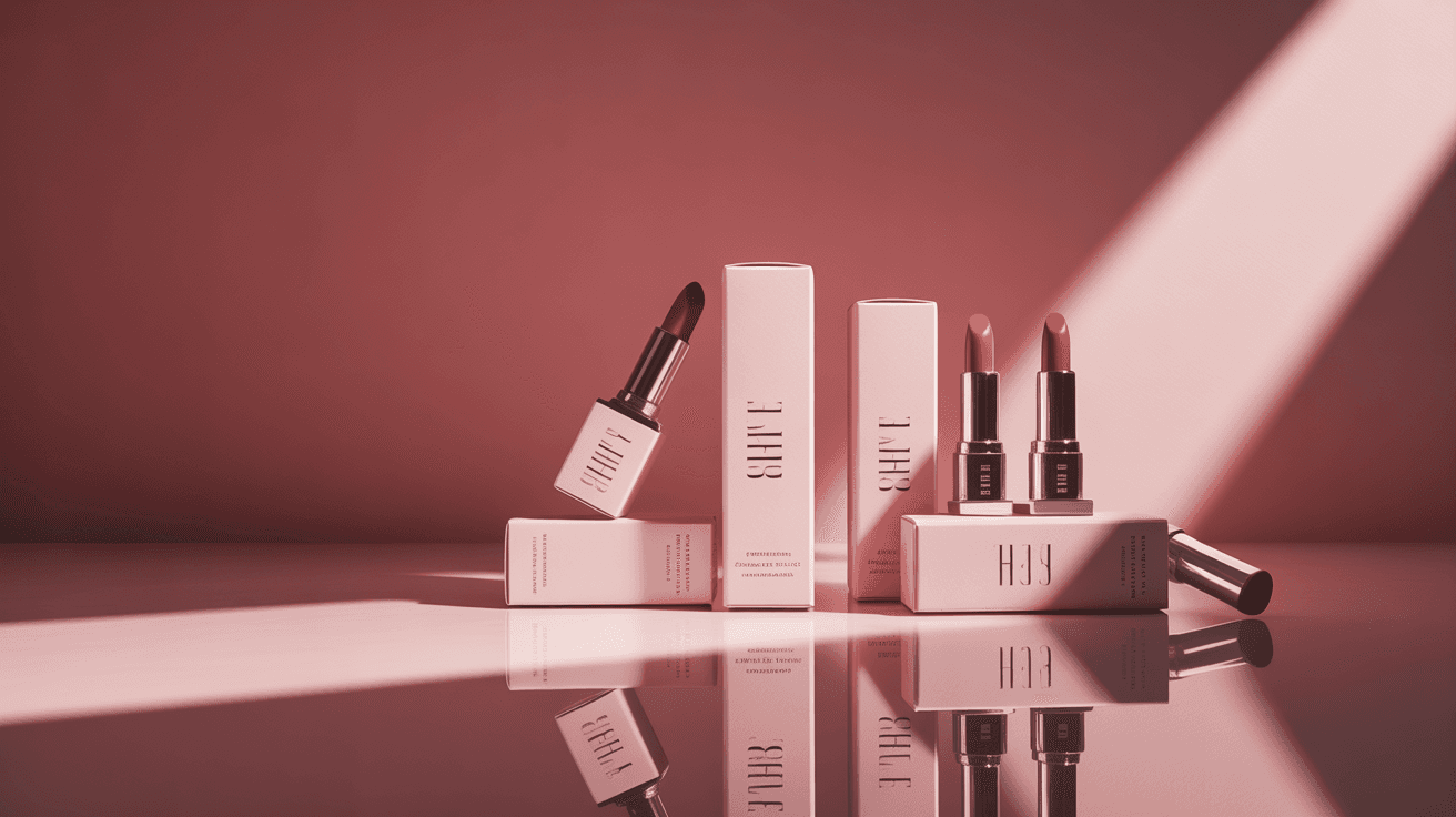 Pink beauty product launch thumbnail with monochrome flatlay of makeup packaging