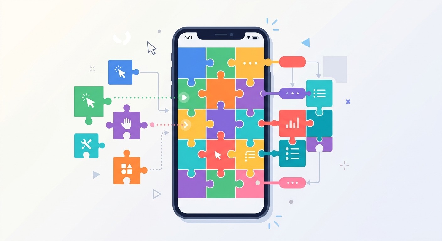 Illustration of colorful puzzle pieces connecting together to form a mobile app screen, representing visual programming and drag-and-drop workflows.