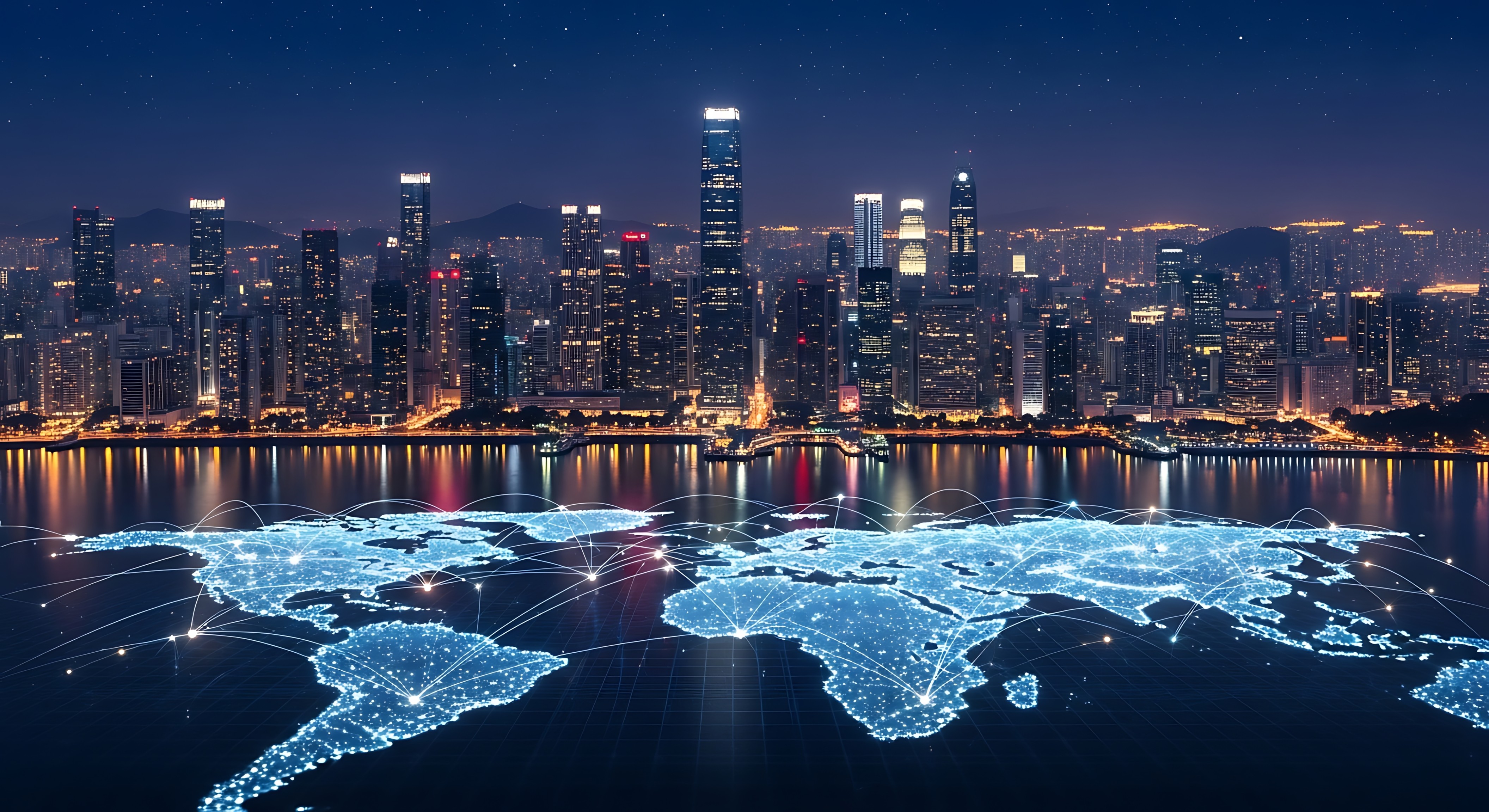 Global network map overlaying a modern city skyline at night. Global connectivity.