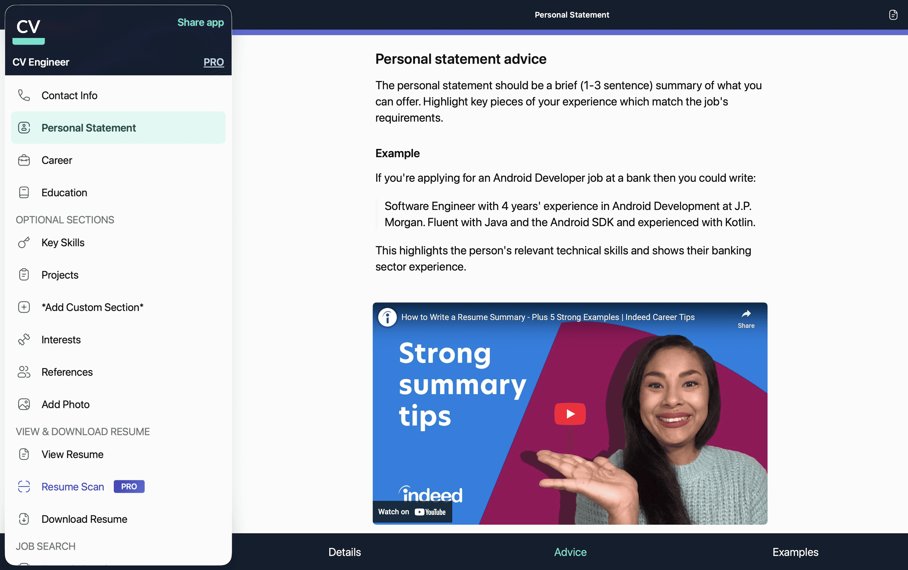 Screenshot from the CV Engineer macOS 26 app featuring their advice for writing your personal statement.