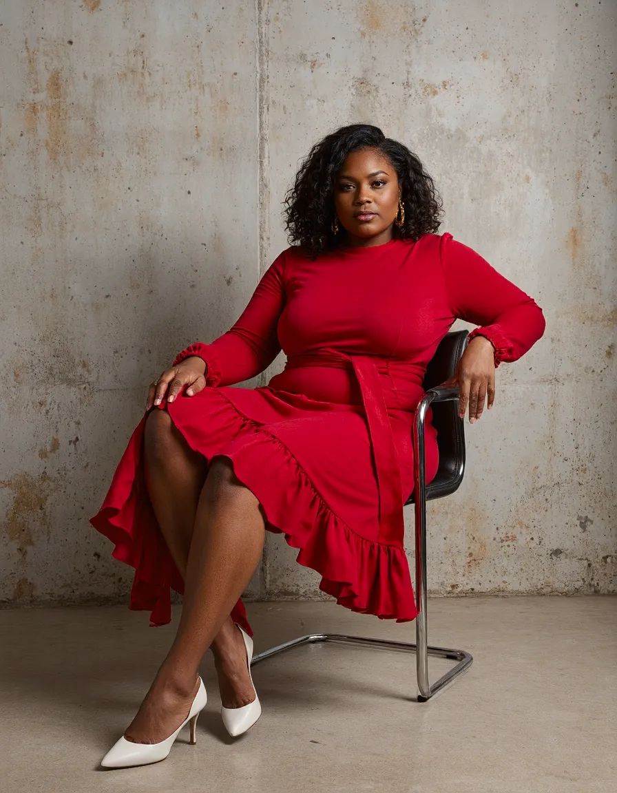 Fashion portrait featuring a vibrant red dress with ruffle details against a textured concrete wall, styled with white heels