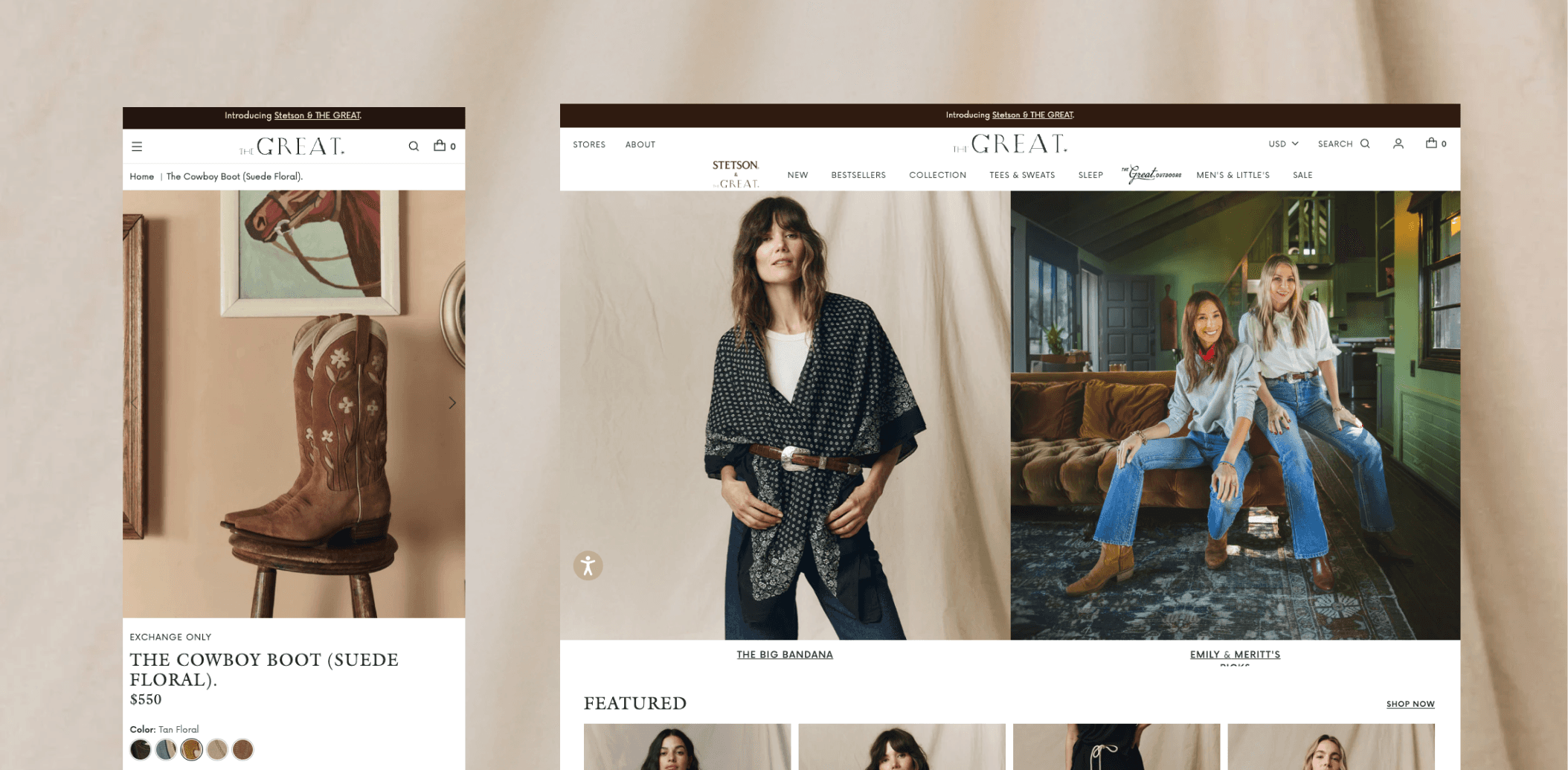 The GREAT. Shopify storefront displaying apparel product pages and collection browsing