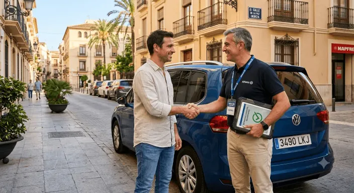 Perito de seguros y conductor solucionando siniestro de coche en Murcia de forma amistosa.