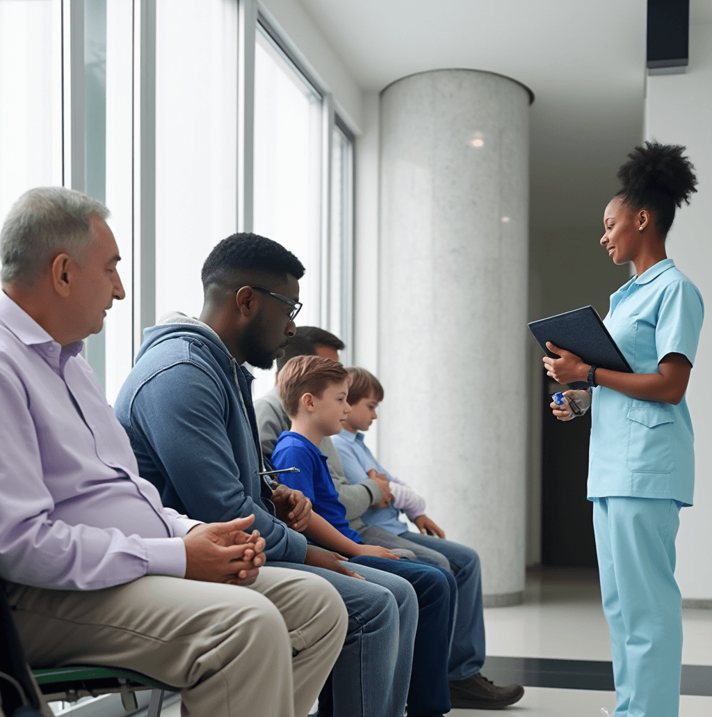 Hospital waiting room with several patients of different ages sitting on chairs, including an elderly man, a middle-aged man with a child, waiting to be seen by medical staff in the background