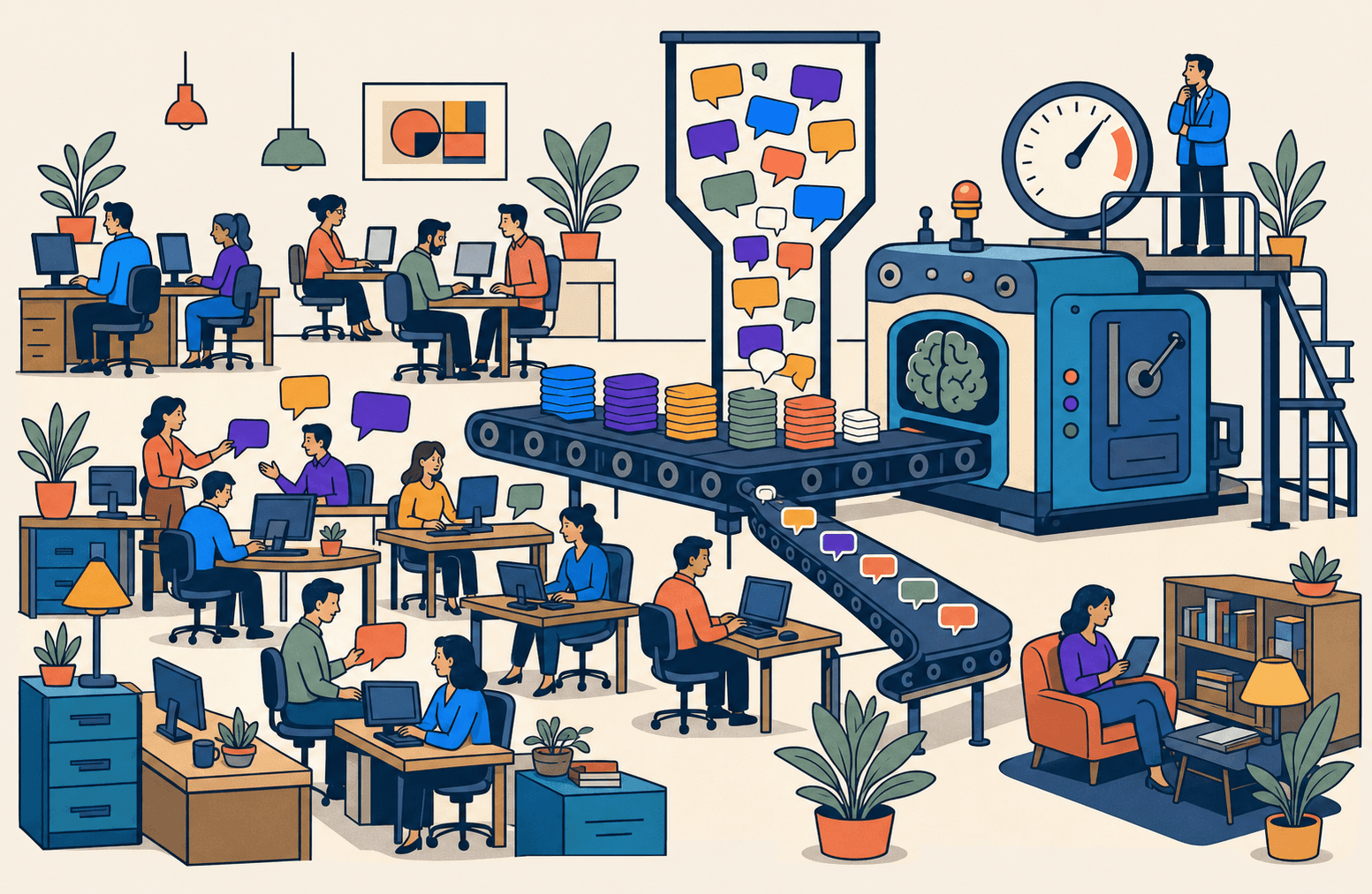 Illustration: Großraumbüro mit Fließband voller Sprechblasen zu einer KI-Maschine