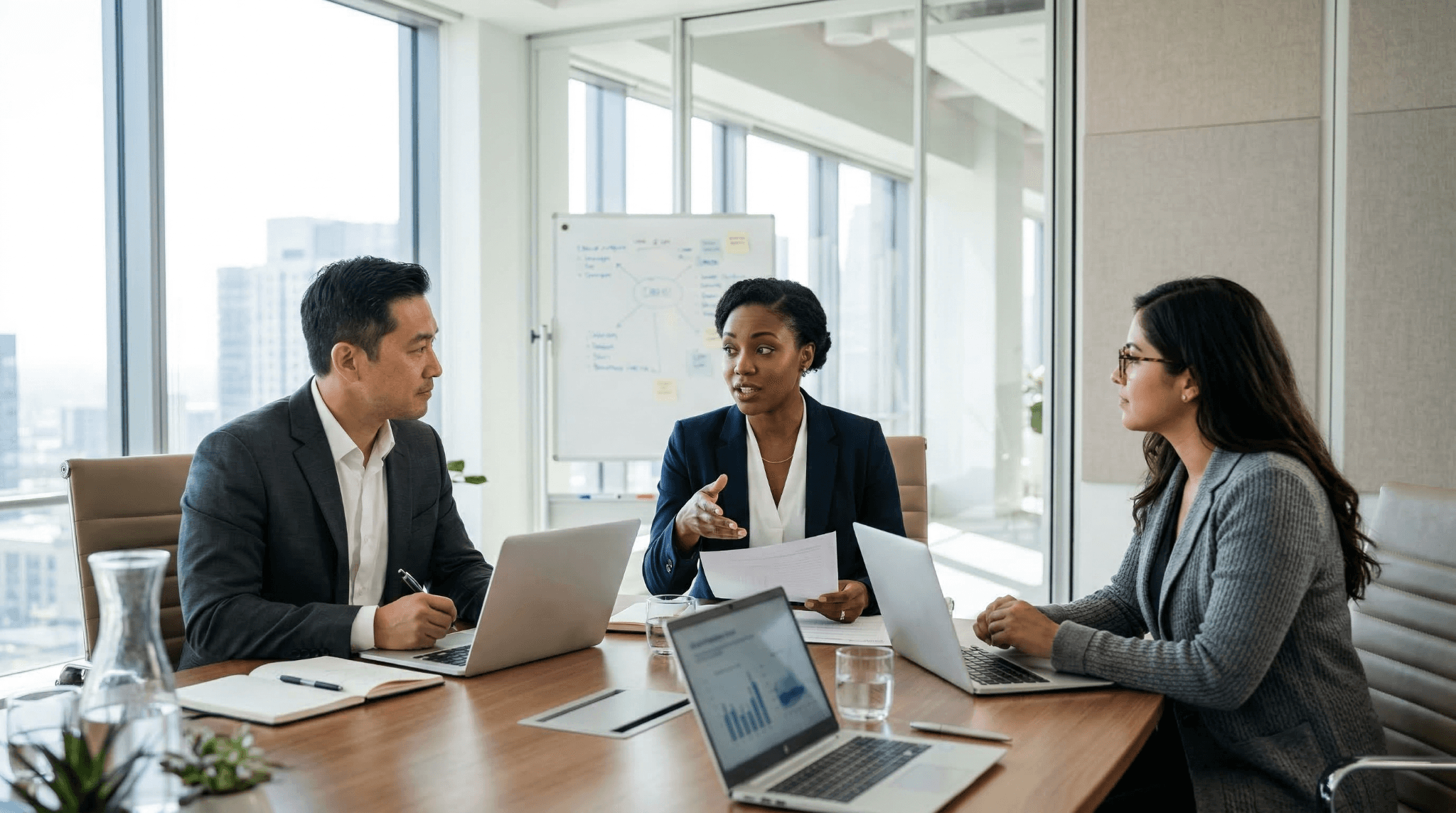 A diverse pharmaceutical team collaborates around a conference table during a promotional review software evaluation meeting