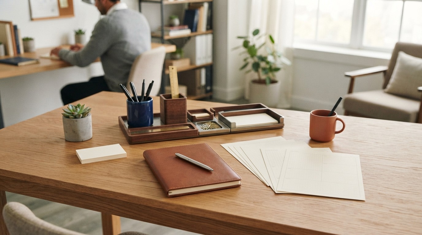 Organized workspace with physical components for marketing planning