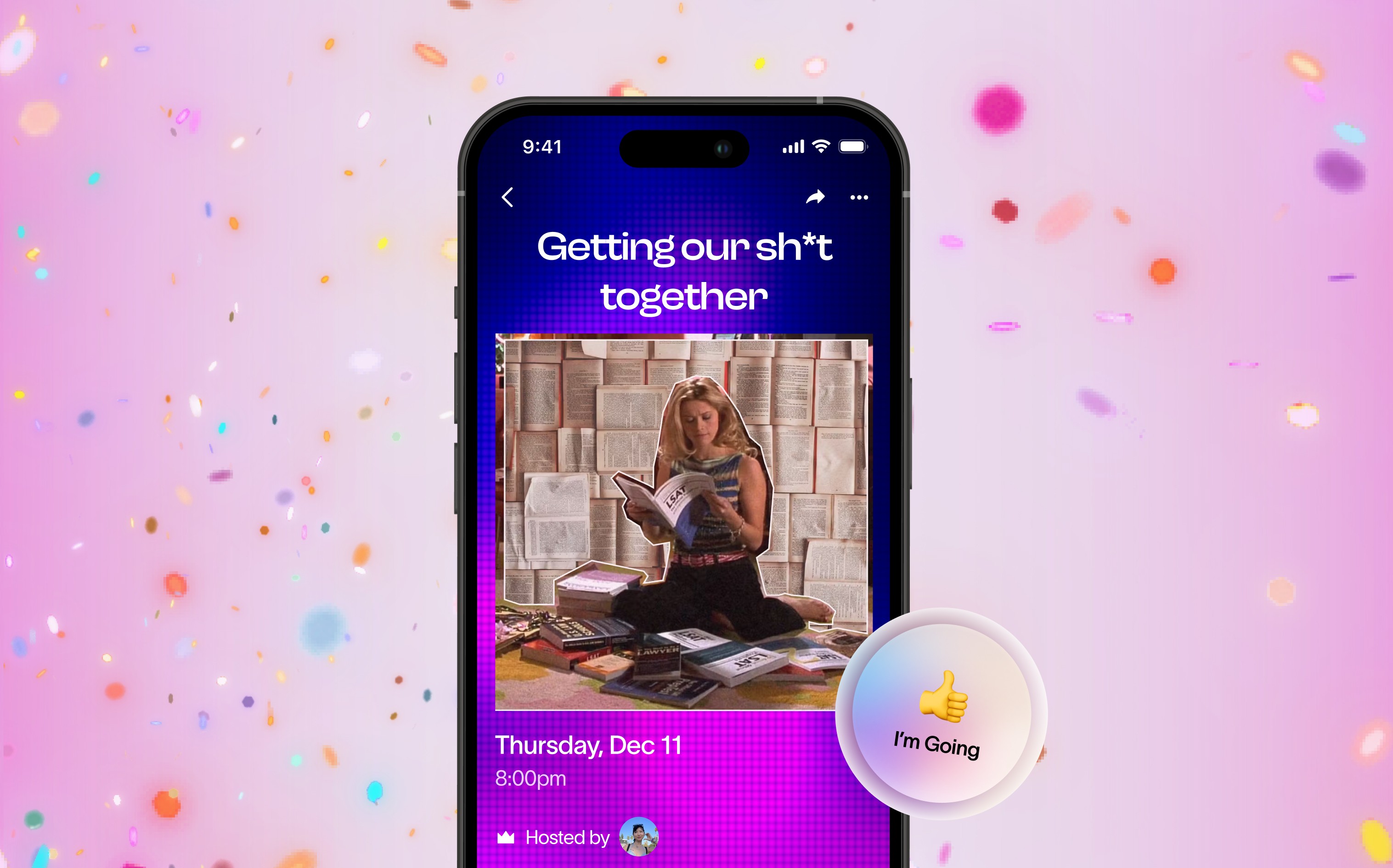 Mobile view of a Partiful admin night invite with event details, description, and guest list preview.