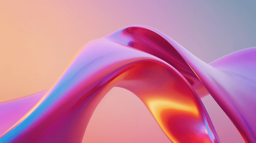 A vibrant, smooth fluid shape with gradients of pink, purple, and orange swirling together, creating a dynamic, visually stunning design.