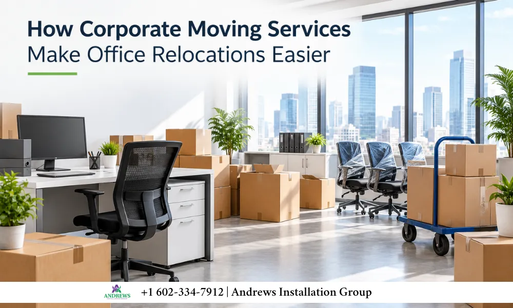 Corporate office relocation with packed boxes and city view.