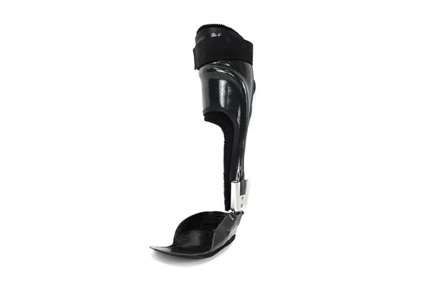 Custom carbon fibre ankle-foot orthosis (AFO) for foot drop, providing lightweight, durable orthotic support and improved mobility at Limitless Orthotics clinic, Leeds.