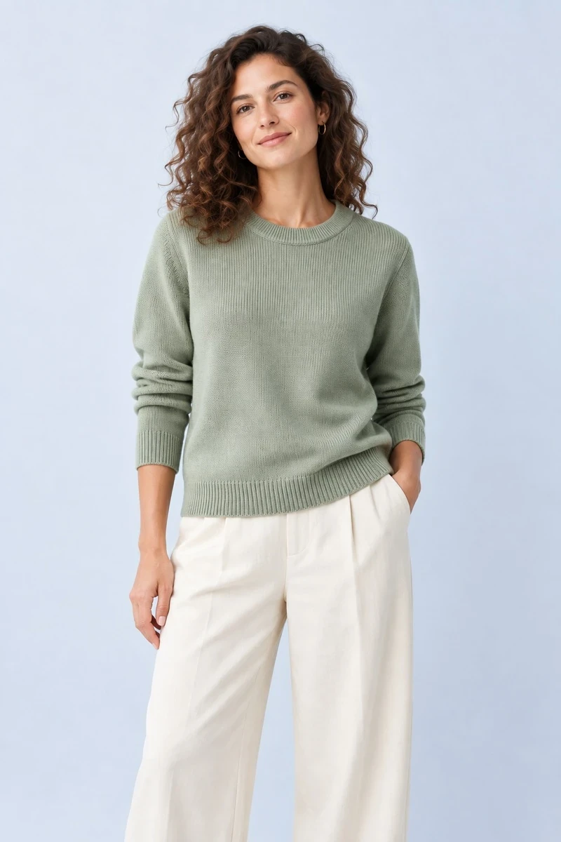 A model wearing the sage Everyday Knit with ivory trousers against a pale blue backdrop