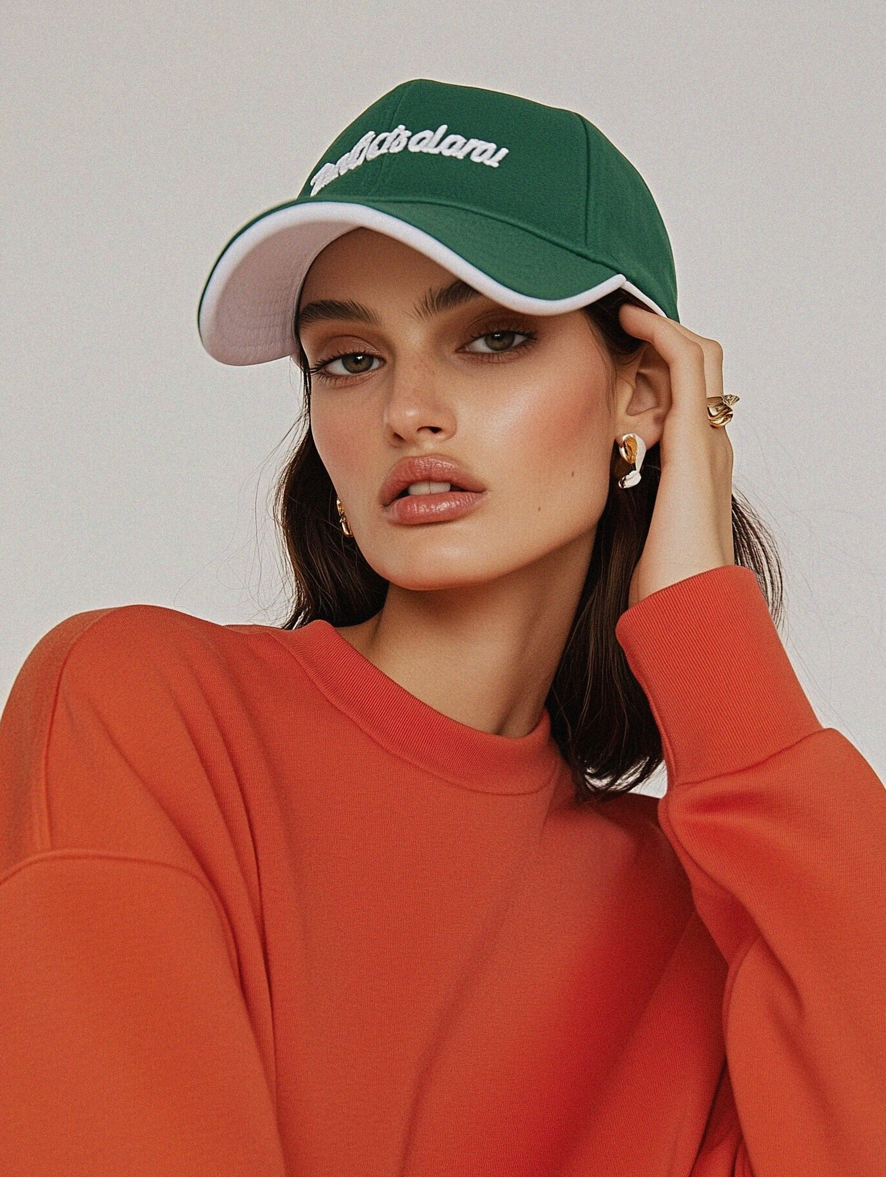 A person with long hair is wearing a green baseball cap and an orange sweatshirt, posing with one hand in their hair.