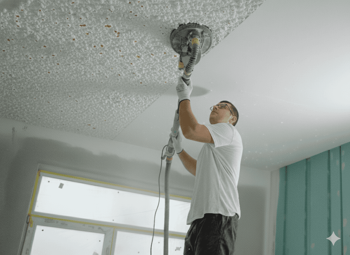 man using a smothing tool to remove popcorn ceiling.
