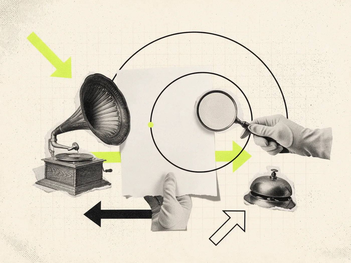 Colagem vintage: lupa sobre uma página em branco entre um gramofone e uma campainha, o site que aparece no ChatGPT
