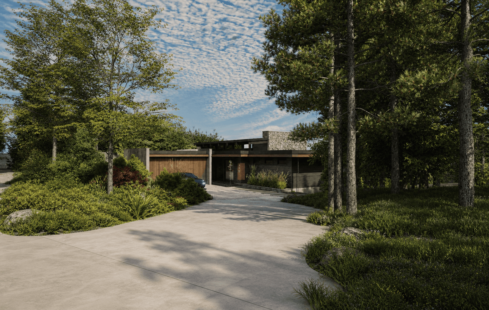 Modern custom home surrounded by mature trees with minimalist architecture, natural stone accents, and integrated landscape design