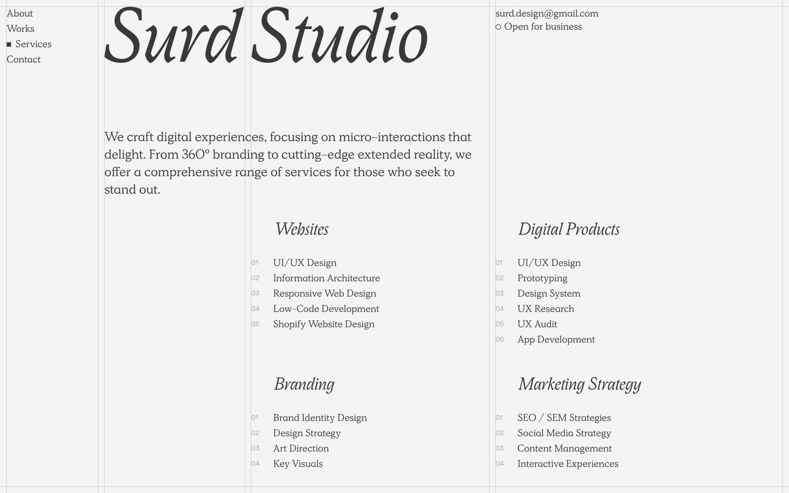 Surd Studio Services section screenshot
