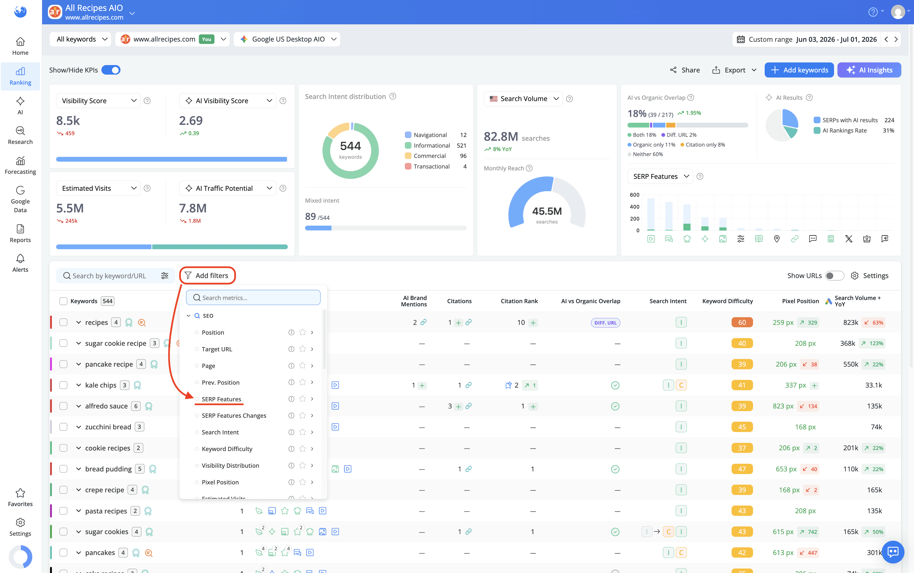 serp-features-filter-in-keyword-ranking-report