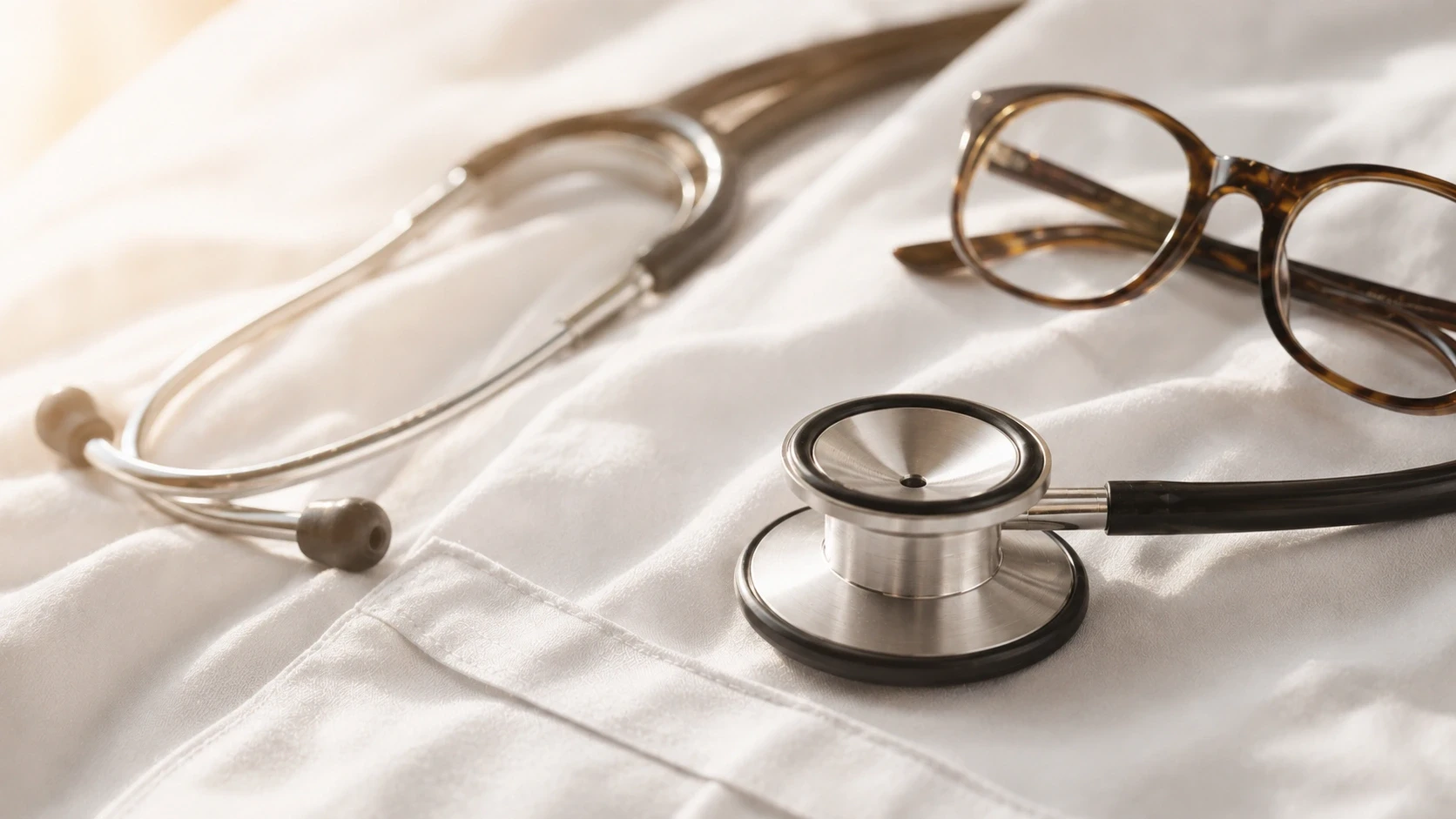 Black-and-white close-up of a stethoscope and eyeglasses on a white cloth.
