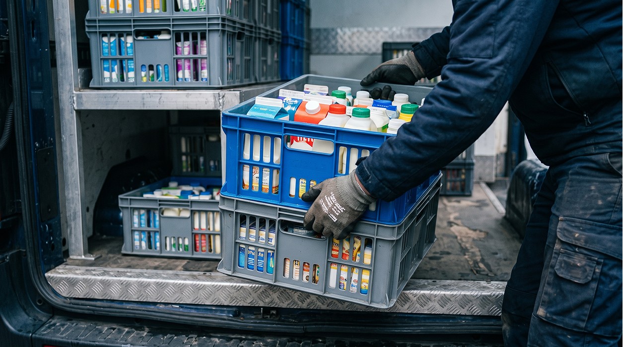 Доставка продуктів в Одесі — вантажник перевозить ящик з товарами у вантажному авто