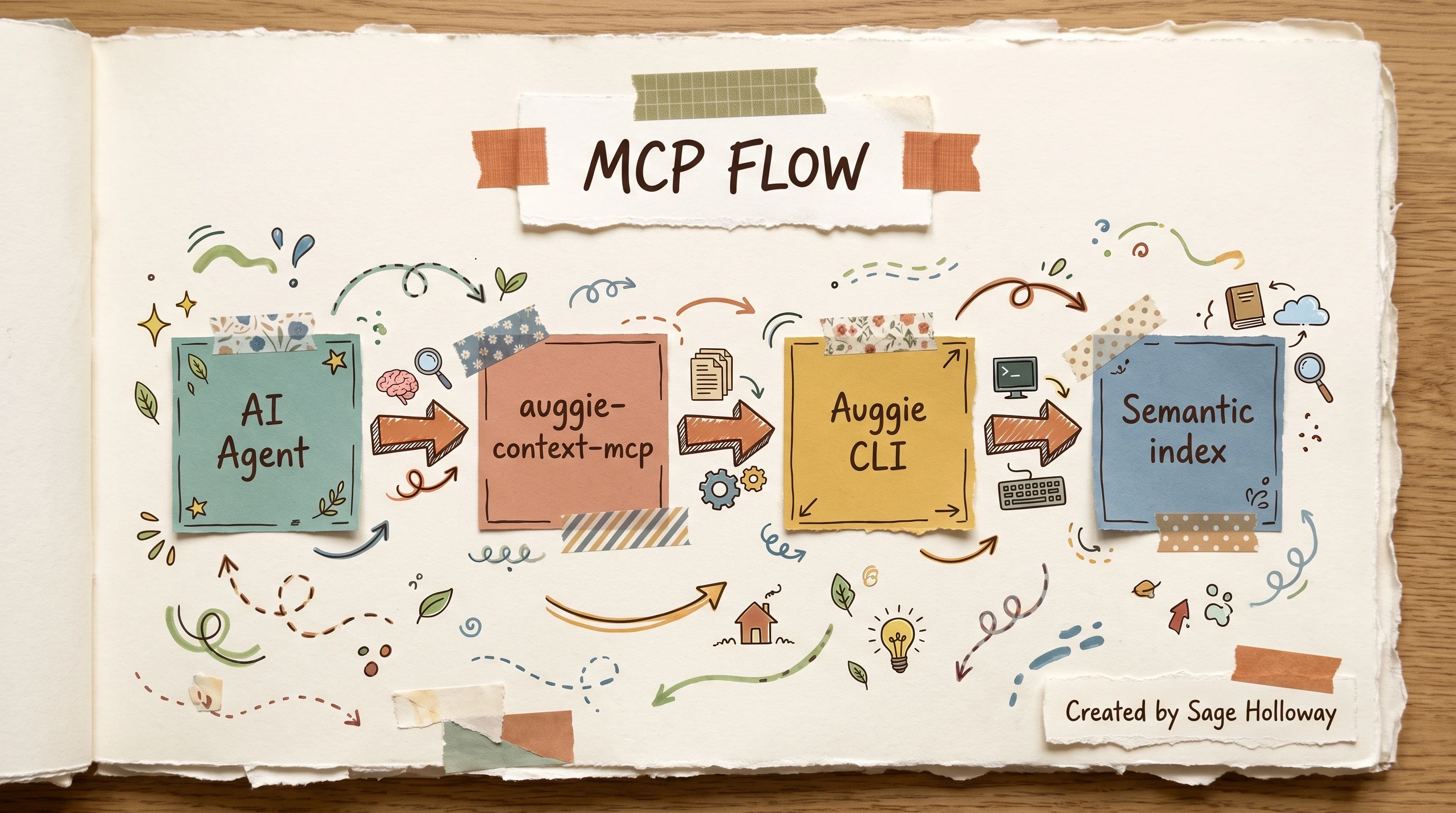 Scrapbook sequence diagram from AI agent to auggie-context-mcp to Auggie CLI