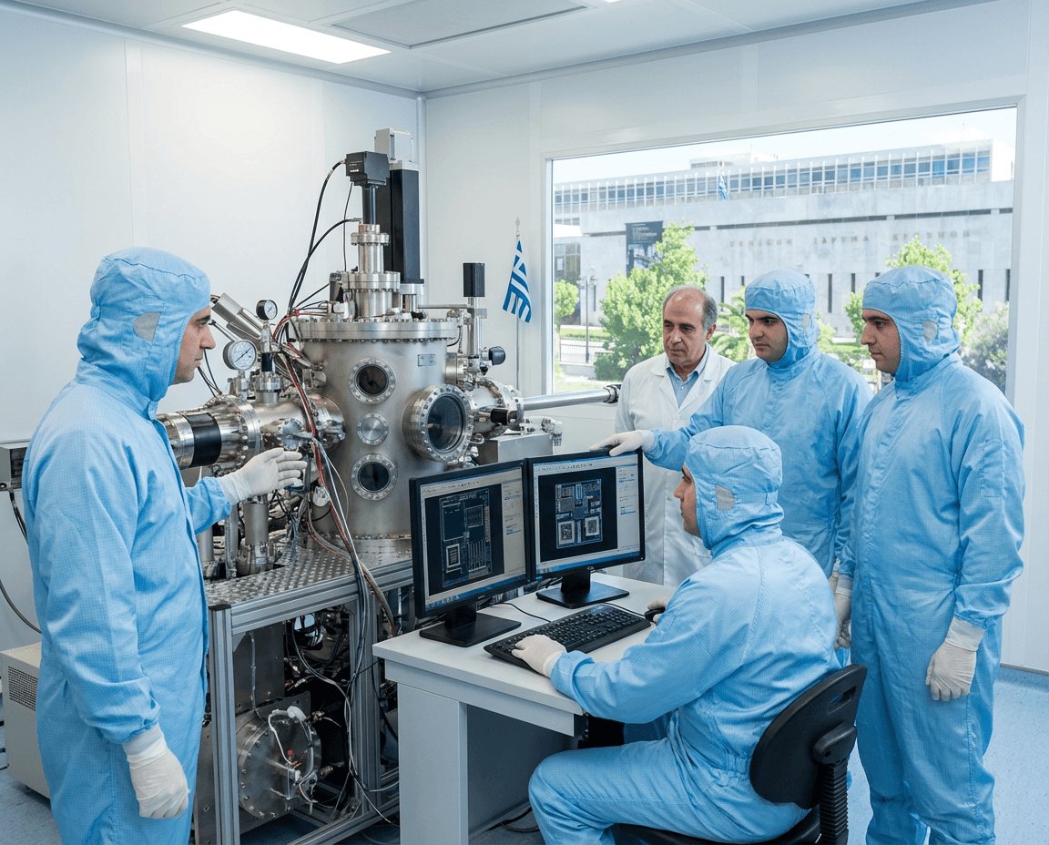 Researchers in a modern Greek technology lab working on microchip design.