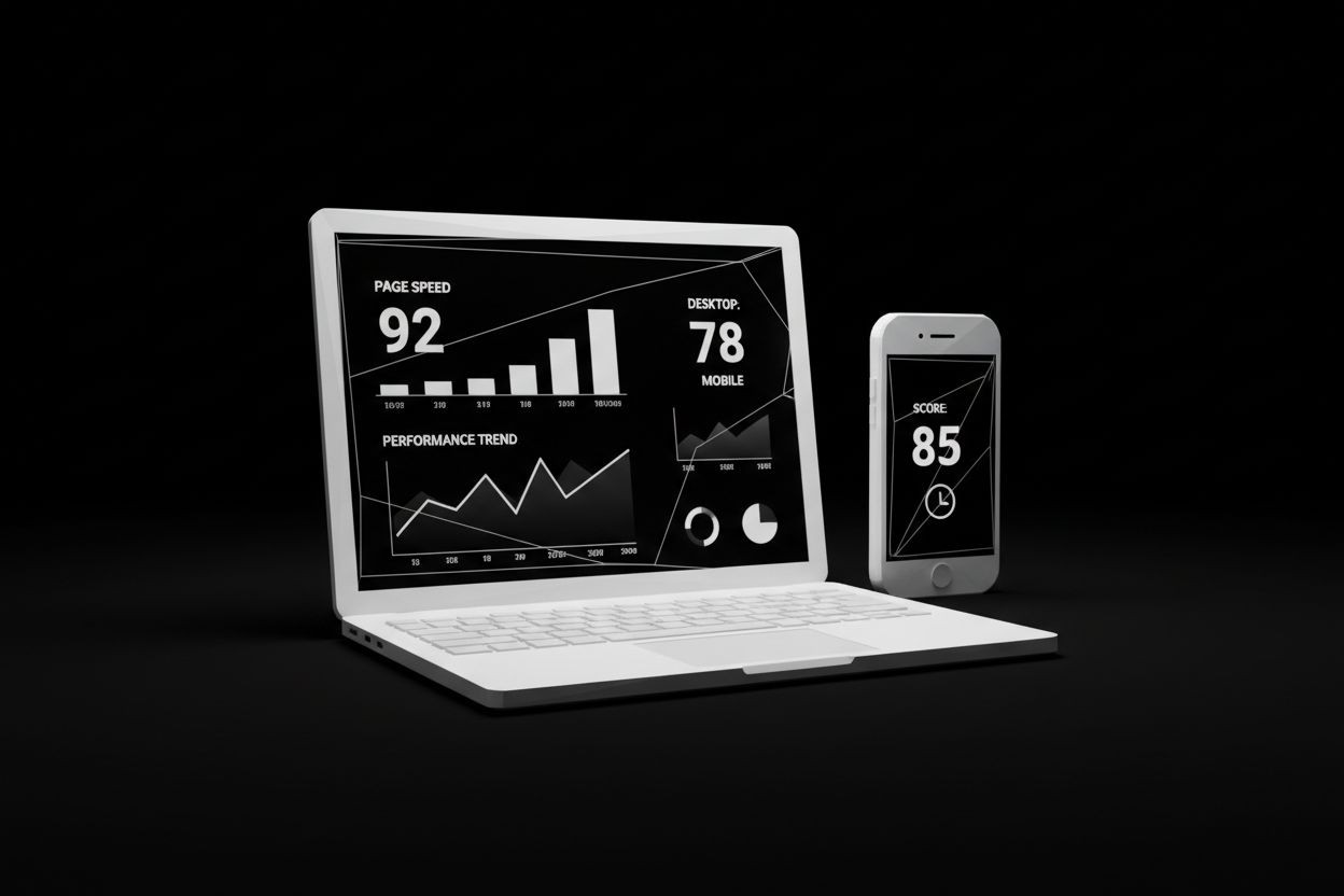 A website speed dashboard on a laptop and smartphone