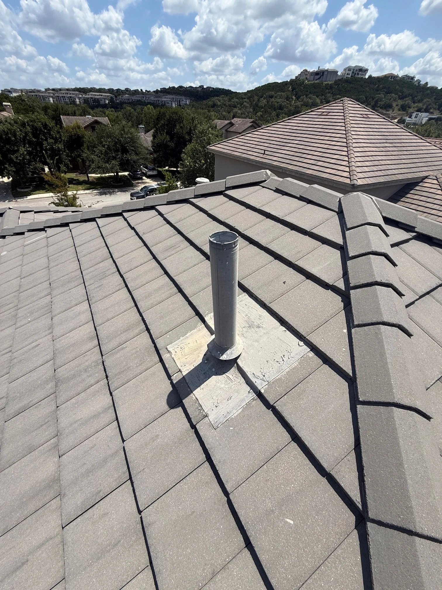 Finished repair: tile roof vent and flashing repairs in San Antonio, Texas.