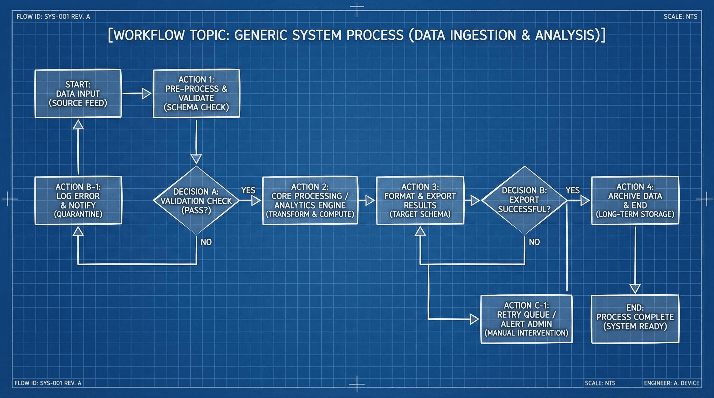 Technical flow chart infographic with a blueprint aesthetic, blue background, and white geometric shapes connected by elbow arrows.