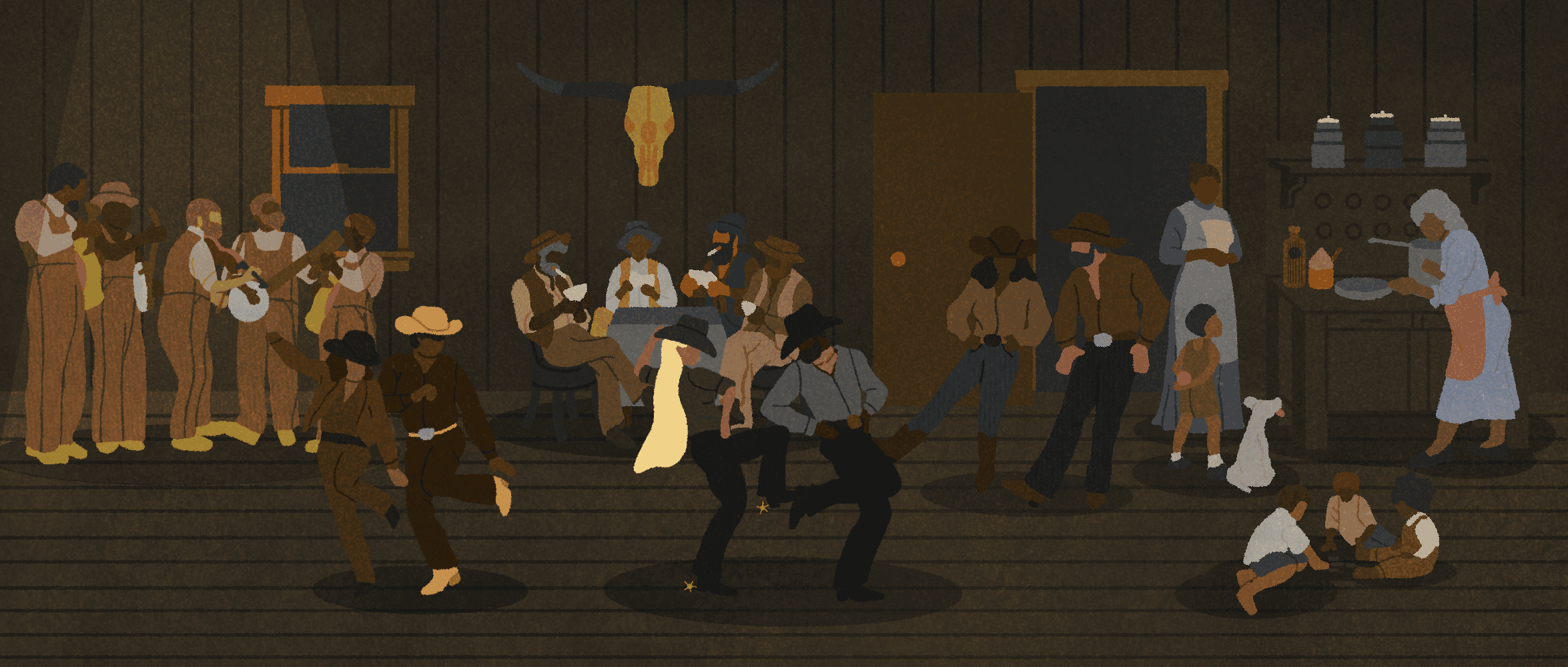 Illustration of a hoe down inside an old barn; young men playing banjos, older men playing cards, women tending to the kitchen, young childen playing amongst themselves, and couples dancing on the dance floor.  