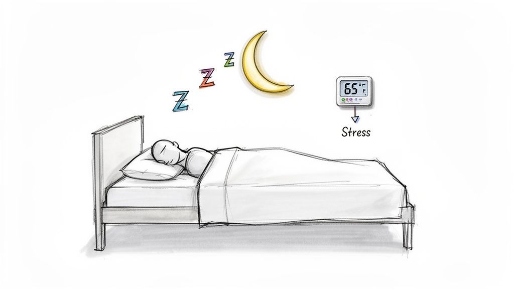 Illustration of a person sleeping peacefully in a bed at night, with a 65°F thermostat indicating a cool room for better sleep during menopause.