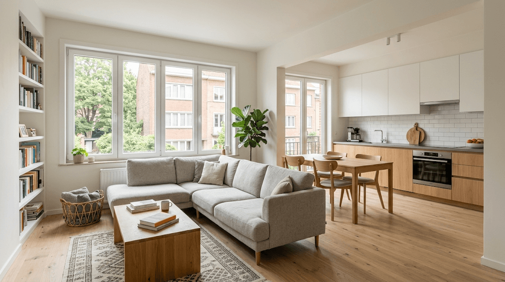 Appartement rénové à Woluwe-Saint-Pierre avec cuisine ouverte et séjour lumineux.