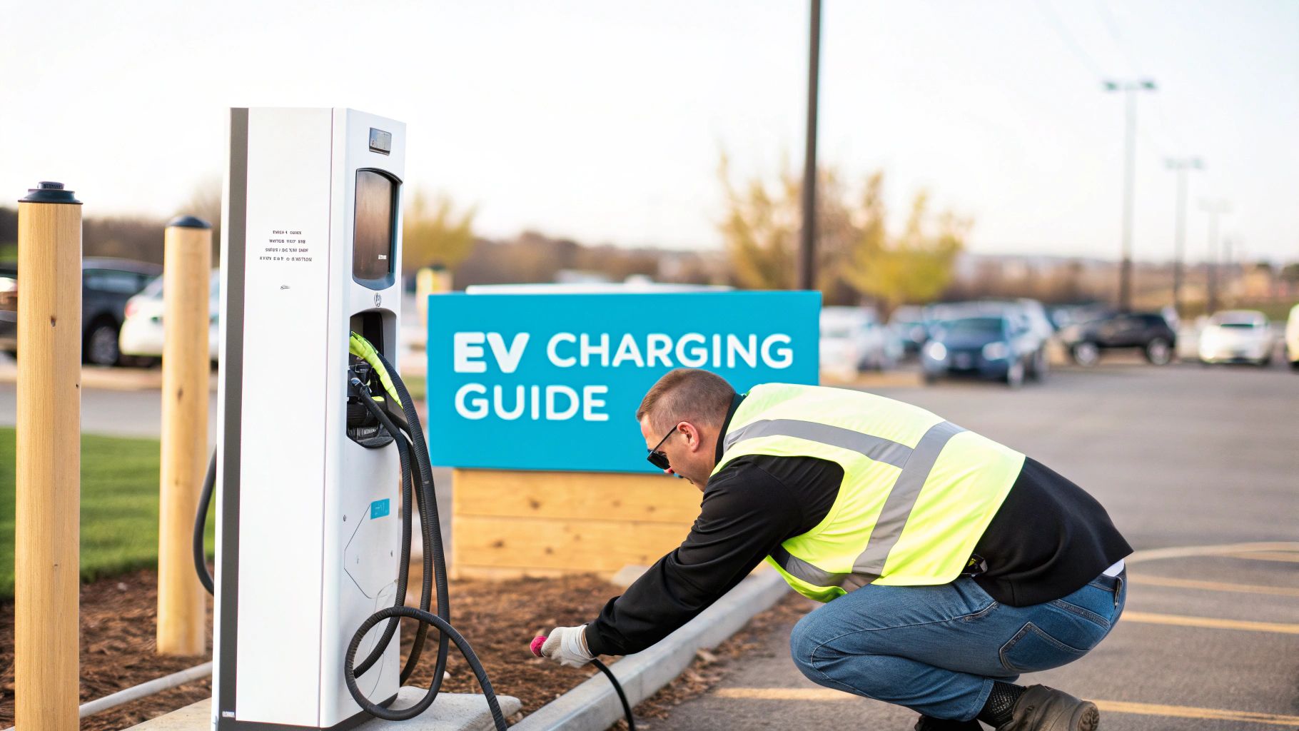 a man installing a electric vehicle charger in front of a blue 3d banner displaying the text 'ev charging guide'