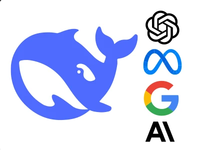 DeepSeek logo alongside OpenAI ChatGPT, Meta Llama, Google Gemini, and Anthropic Claude AI models.