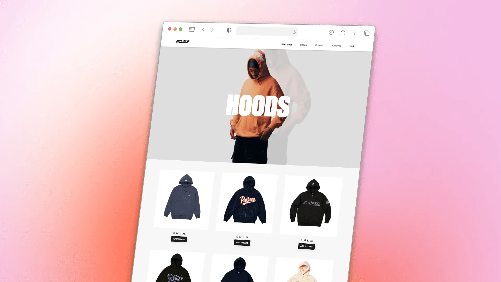 Website e-commerce - Hoodie pêche en vedette, galerie produits hoodies sur fond rose dégradé