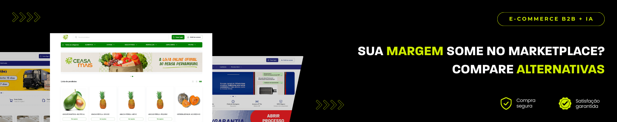 Banner horizontal com fundo escuro, ícones de segurança e satisfação, e imagens de lojas B2B exibidas à esquerda. Elementos gráficos em verde destacam o tema de e-commerce B2B com IA.