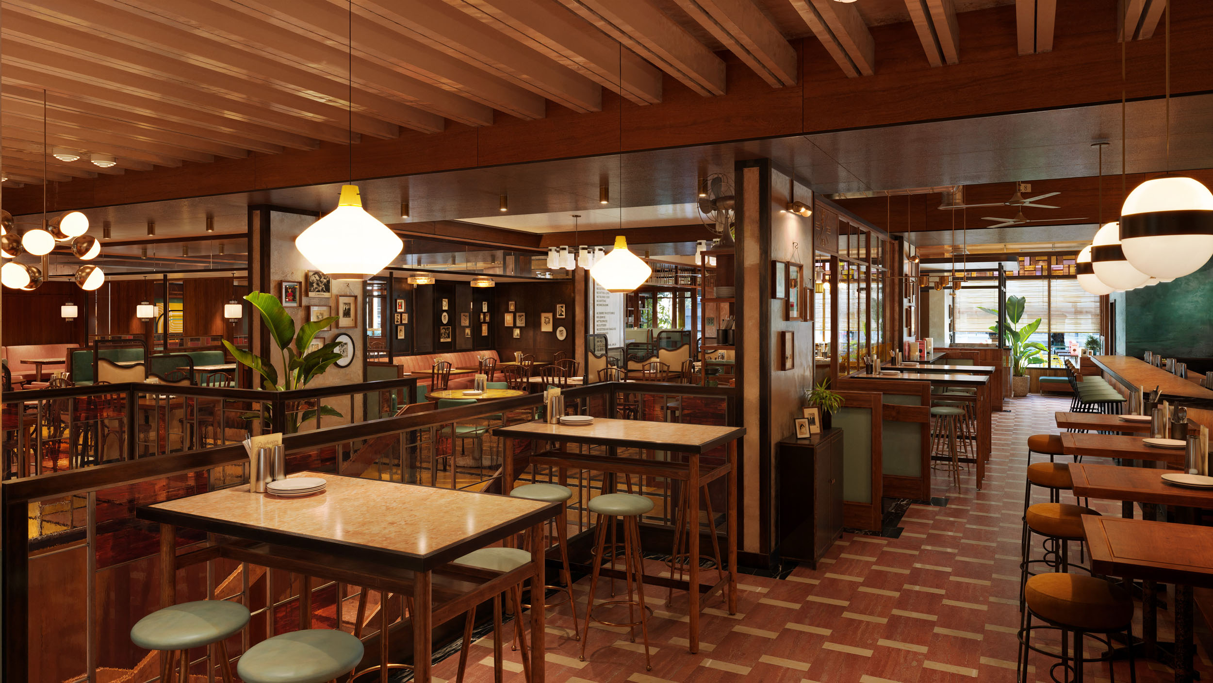 Architectural CGI render of a restaurant interior.