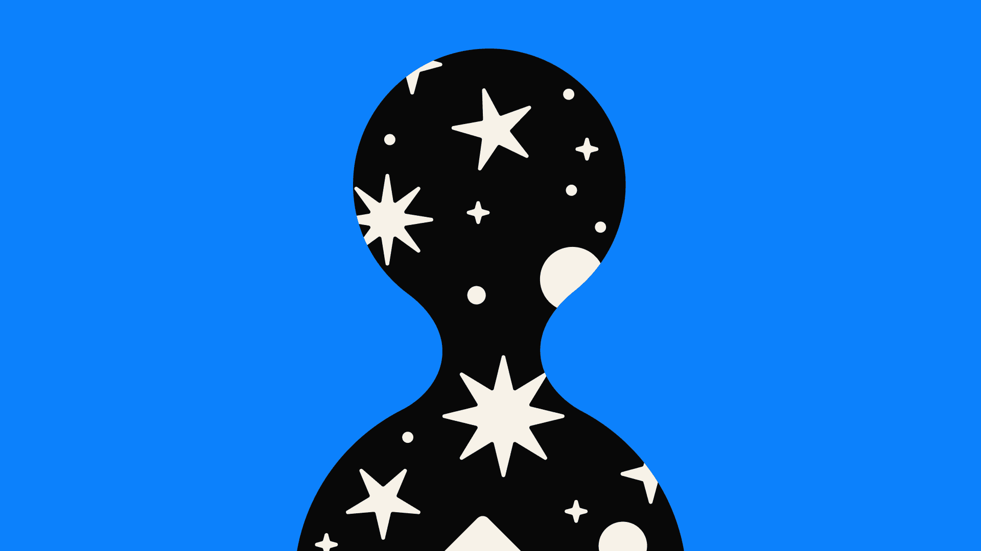 Abstract silhouette with white stars and circles on black, set against a bright blue background. Celestial and surreal vibe.