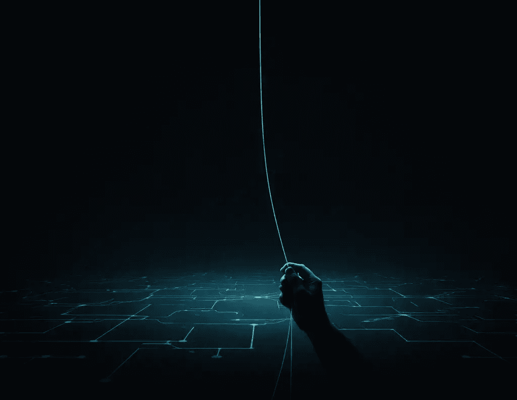 Minimalist Japanese ink illustration of a kite string with no kite, symbolizing SDR effort without results, teal and blue on black background.