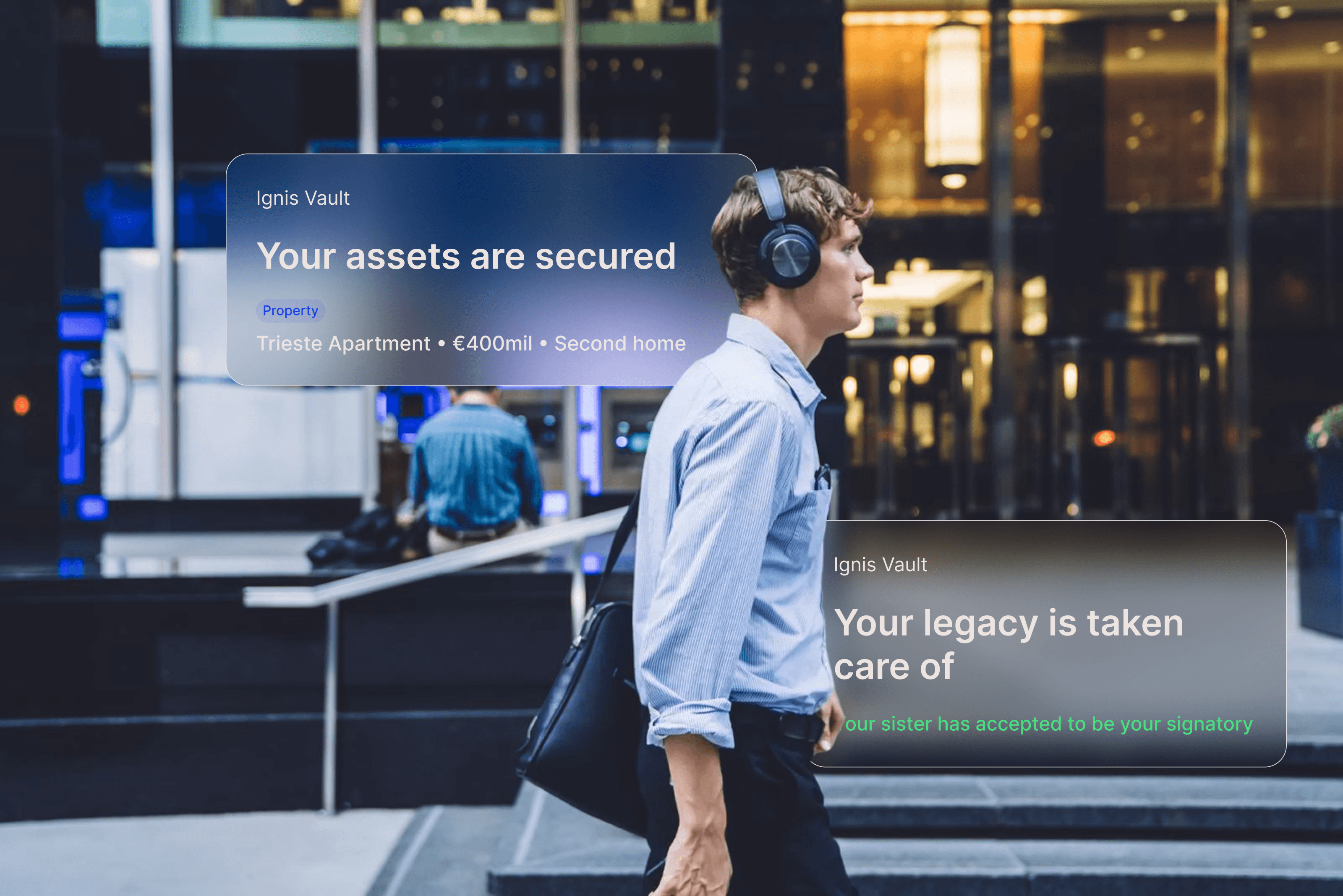 Financial expat walking in the city relaxed, with floating Ignis VAult components around him