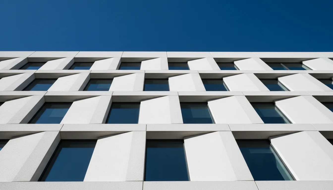 Architectural photography of a modern building facade, low-angle shot. The minimalist design features a repeating geometric pattern of pre-cast white concrete panels forming deep, angular recesses for the windows. Captured in bright, direct natural daylight, creating high-contrast shadows that define the structure. A vast, perfectly clear, saturated cerulean blue sky fills the upper half of the frame. DSLR, hyperrealistic, sharp focus, clean lines.