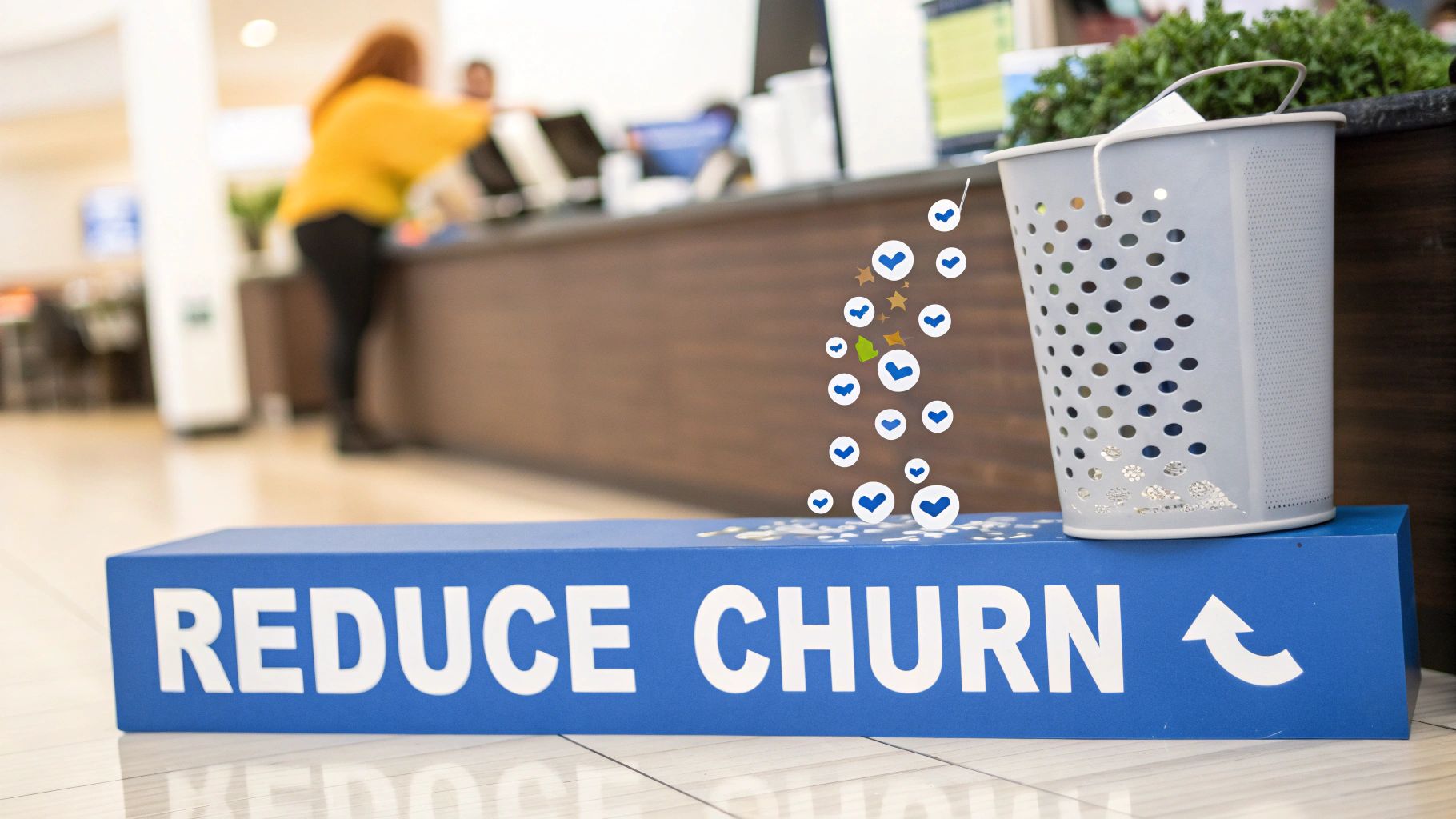 Blue 'Reduce Churn' sign on the floor with hearts and stars floating up, symbolizing customer retention.