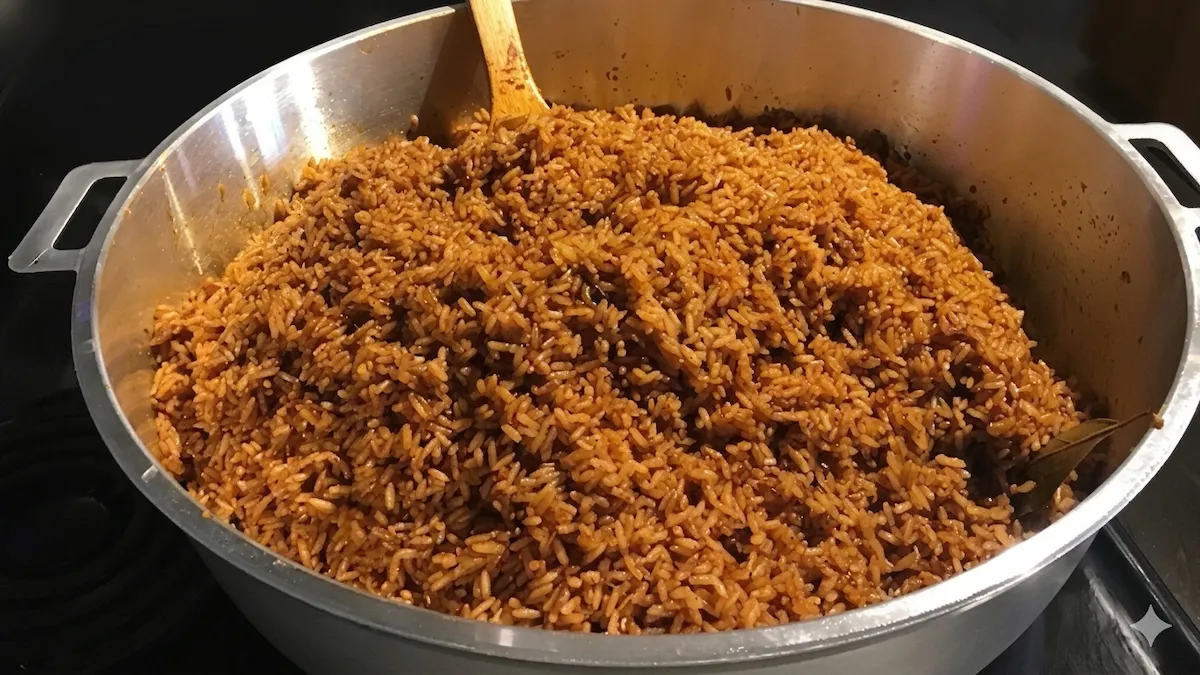 A pot of Jollof rice cooked to perfection.