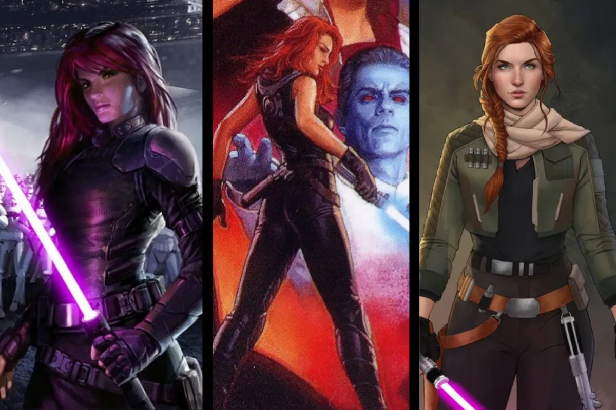 A triptych showcasing Mara Jade’s transformation in Star Wars Legends. The first panel portrays her as the Emperor’s Hand in dark armor, gripping a purple lightsaber. The second shows her pivotal moment with Grand Admiral Thrawn. The third presents her in a rugged, tactical outfit, symbolizing her independent and evolving role in the galaxy.