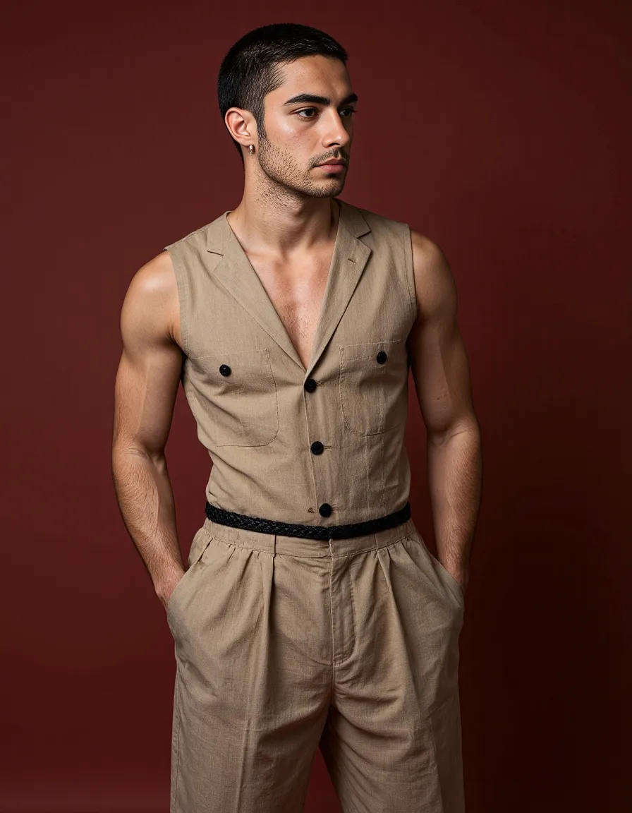 Fashion editorial featuring beige sleeveless suit ensemble against deep red background, showcasing minimalist style with dramatic contrast
